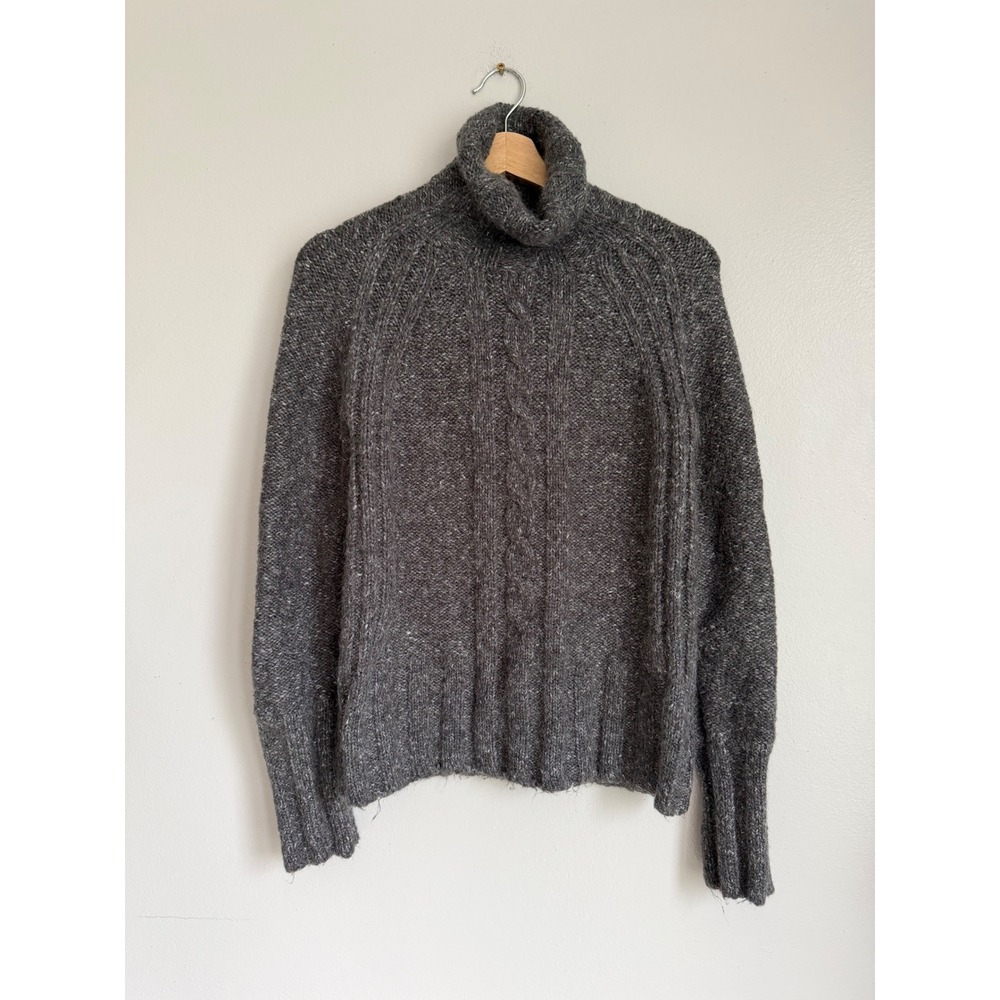 Lole Womens Gray Mohair Blend Cable Knit Turtleneck Sweater‎ Wood Button Cuffs M